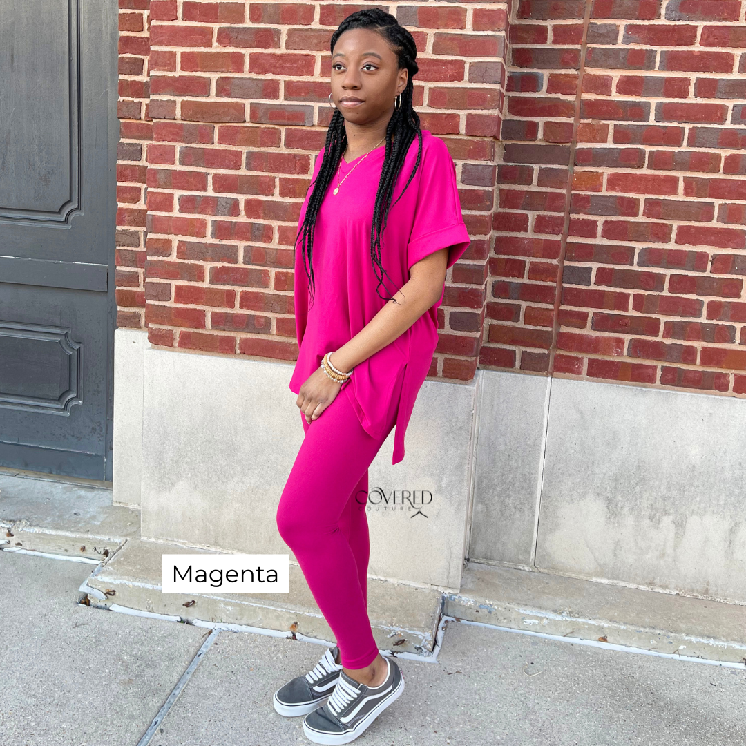 magenta color polyester and spandex oversized top and matching leggings set with gray vans shoes